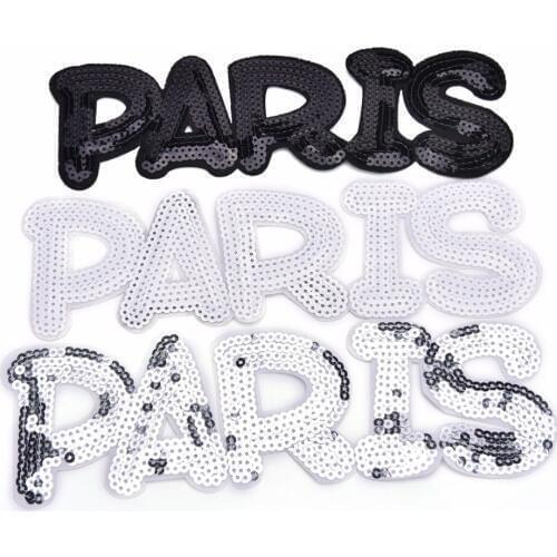 Sequin black White Silver PARIS Iron-On Patch DIY accessory Applique Clothes Patch 24*7.6cm