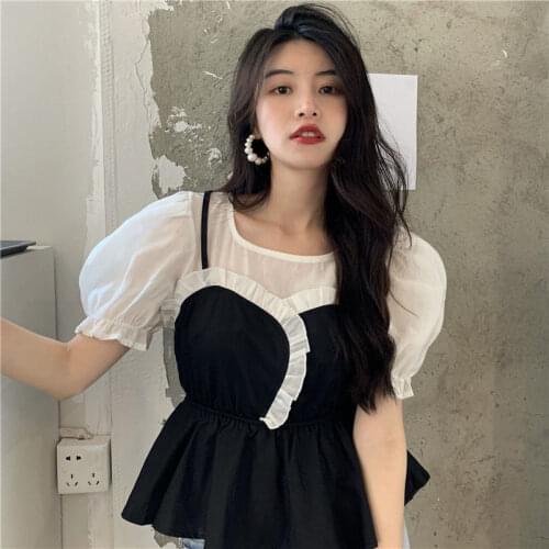 Blouse Women Shirt Womens 2021 Summer Stitching Puff Sleeve Short Sleeve Top Blusas Mujer De Moda