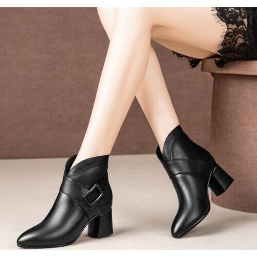 High Heels Leather Ankle Boots Winter Shoes Women Block Heels Pointed Toe Beige Black Boots Woman Fashion High Heel Boots Femme