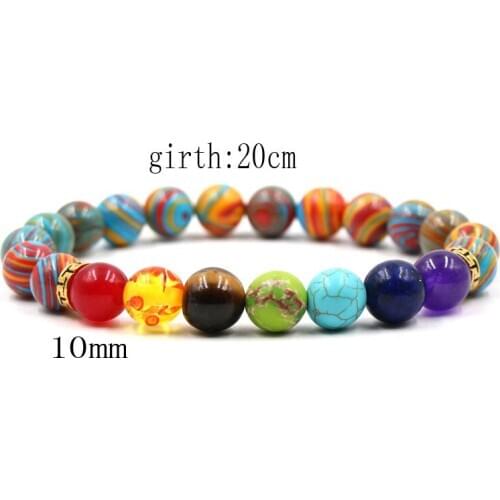2019 Charm Colorful 10mm Natural Malachite Beads Bracelet Fashion 7 Chakra Elastic Bangles For Men Women Party Jewelry Gift