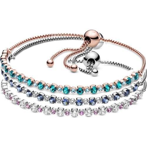 100% 925 Sterling Silver Bracelet Rose Blue Pink & Clear Sparkle Slider Chain Bracelet Fit Fashion Charm Trendy Diy Jewelry