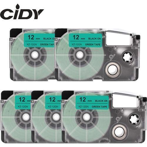 CIDY 5pcs comapatible XR 12GN XR12GN label tape 12mm black on green XR-12GN for EZ Casio label maker for KL-60 KL-60SR KL120
