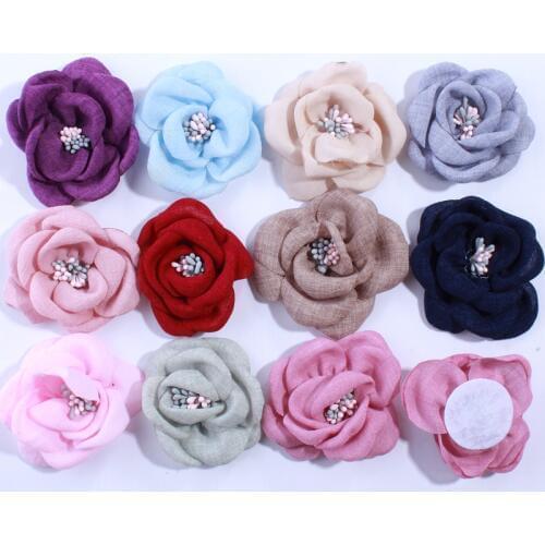 10PCS 5.5CM Gorgeous Burned Fabric Flowers For Hair Accessories Hemp Hair Flower With Tissue Stamen For Head Wear Dress