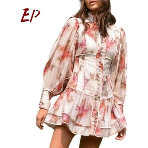 EP Spring 2021 Women Palace Wind Lantern Sleeve Heavy Splicing Bag Edge Holiday Print Dress Skirt Female