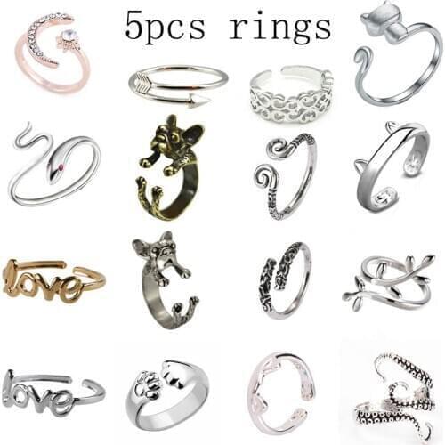 5pcs Fashion Pet Dog Paw Foot Print Cat Ear Ring Fox Angel Wings Bee Rabbit Heart Wedding Rings For Women Animal Jewelry