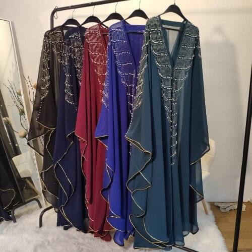 African Dresses for Women Abaya Chiffon Batwing Sequins Pearls Beading Dashiki Islam Dubai Arabia Dress Robe
