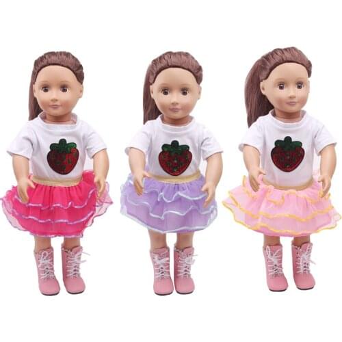 Doll clothes White printed strawberry T-shirt + lace skirt accessories 18 inch Girl doll and 43 cm baby dolls c284