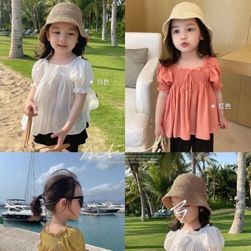 Girls summer bubble sleeves doll shirts new childrens girls casual short sleeve tops tees baby kids cotton cute t-shirts P4 137