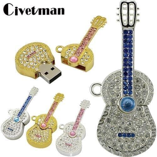 Metal Crystal Guitar 128GB USB Flash Drive 8GB 16GB 32GB 64GB Pen Drive 256GB Pendrive Gold Silver Diamond Violin Memory Stick