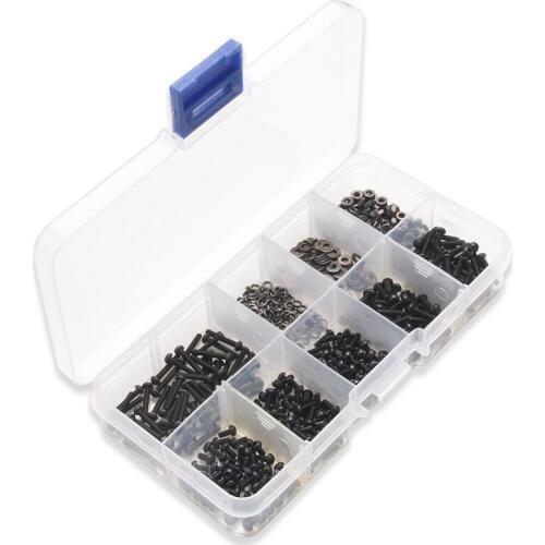 600Pcs Round Pan Head Black Carbon Steel Screws Set M2*4/5/6/8/10/12 Hex Socket Head Cap Screw Flat Pad Washers Spring Kit