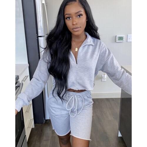 European and American Fall New Sports Casual Womens Wear Lap Zipper Loose Long Sleeve Jacket Shorts Two Suit