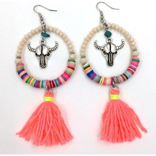 New Crystal Beads Dangle Earrings With Cotton Tassel Summer Style Bull Skull Tauren Taurus Charms Earrings Antique Silver