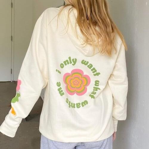 Harajuku Floral Printed Autumn Hoodies Women Cute Loose Pullover Aesthetic Korean Fashion Oversized Hooded Sweatshirt