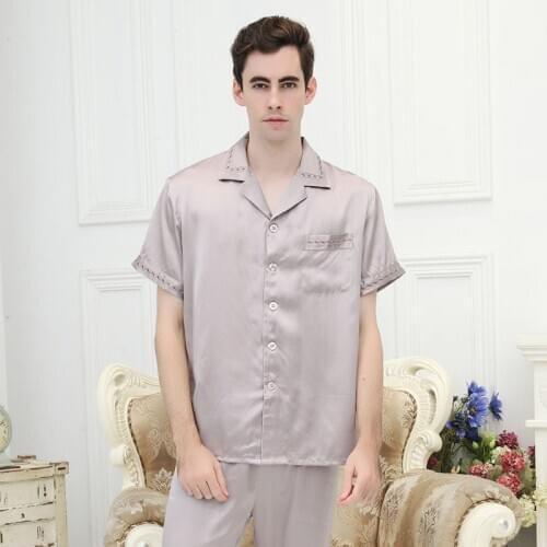 100% Mulberry Silk Sleepwear Pure Heavy Silk Short Sleeve Men Pajama sets L XL XXL Free Shipping