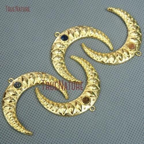 10Pcs Titanium Gold Circle Druzy Crystal Gold Color Irregular Surface Double Horn Tusk Pendant Copper Pendant 40x35mm PM12570
