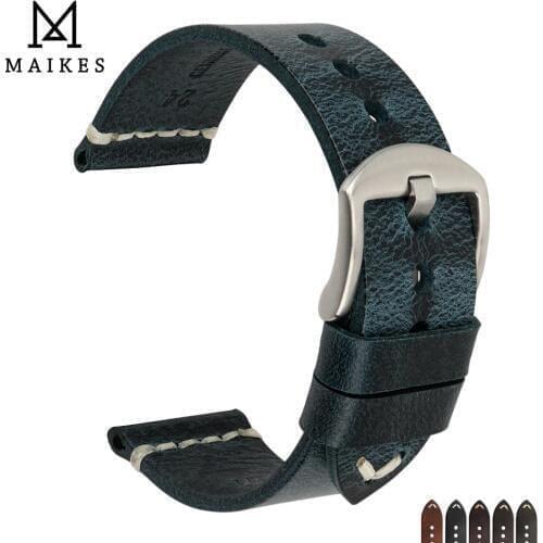 MAIKES Vintage Oil Wax Cow Leather Watch Strap 20mm 22mm 24mm Blue Watchband Handmade Quality Watch Band For Omega Watch