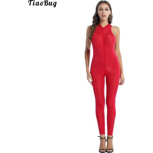 TiaoBug Women Zipper Front Sleeveless One-Piece Bodysuit Solid Color Stretchy Catsuit Tight Jumpsuit Leotard For Yoga Swimming