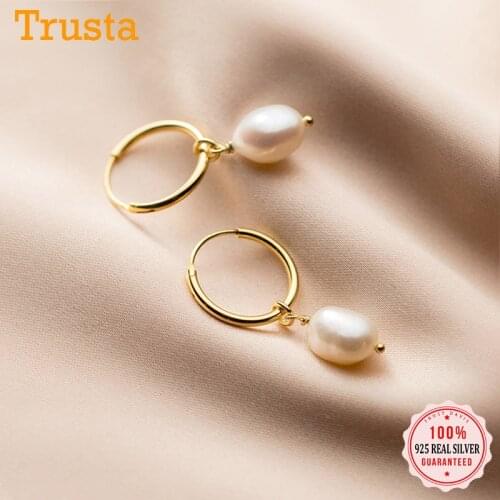 TrustDavis Real 925 Sterling Silver Sweet Irregular Baroque Pearl Hoop Earrings For Women Wedding Valentines Day Jewelry DB338