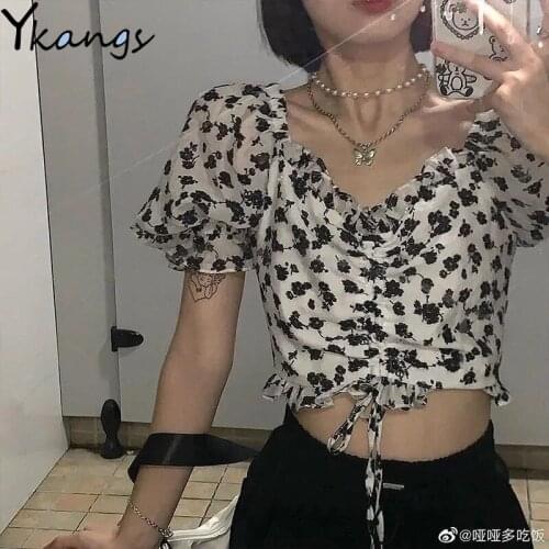 Floral Print V-Neck Puff Sleeve Shirts Women Ruffles Bow Chic Fashion Summer Crop Top Sweet Korean Style Elegant Blouses Female