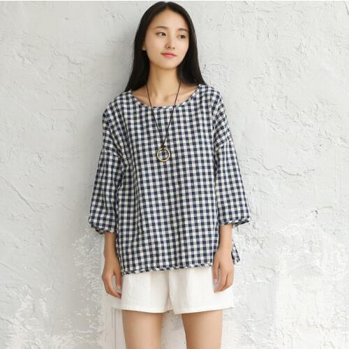 Women Summer Plaid Blouse Female Round Neck Half Sleeve Loose Cotton Linen Shirts patchwork Splcing Plaid Blouse 2016