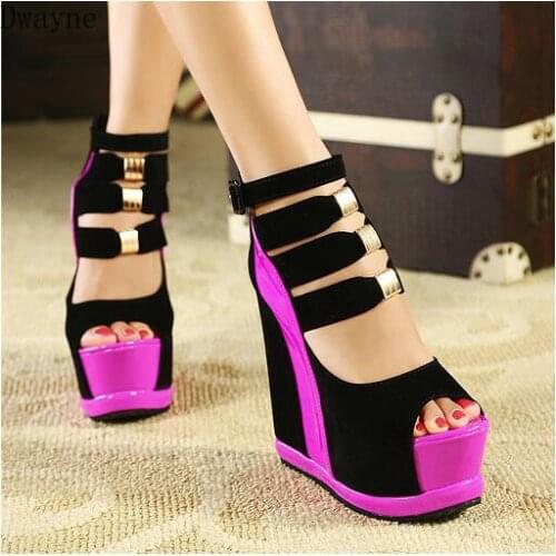 2021 Woman Shoes Summer Genuine Women Platform Thick Soles Sandals Wedges High heel 14cm Peep Toe Mixed Colors Sexy Shoes
