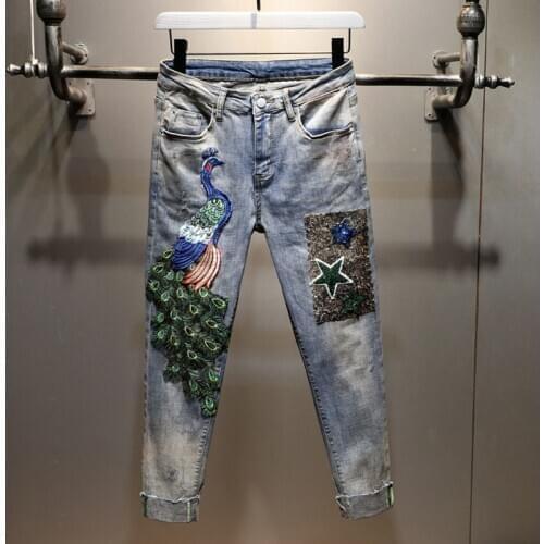 Europe Style Jeans Women Slimming Boyfriend Trousers Slim Peacock Embroidery Fashion Sequins Spring and Autumn Denim Pants