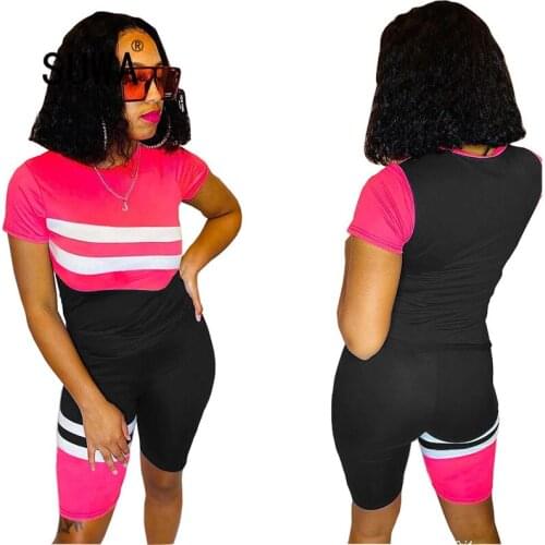 White striped patchwork casual tracksuit women 2 pieces matching set t shirt tee + high waisted stacked short pants suit