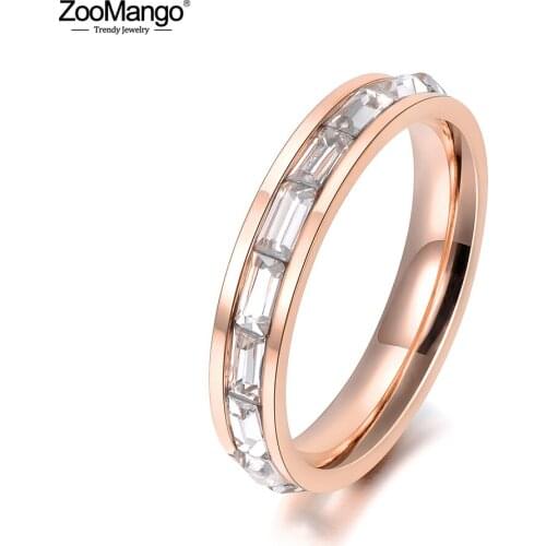ZooMango Stainless Steel OL Jewelry AAA CZ Crystal Surround 4mm Width Rose Gold Color Ring Size 6 7 8 9 For Women Gift ZR18135