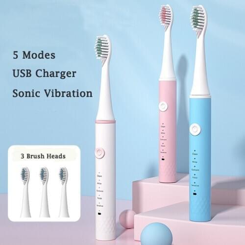5 Modes USB Charger Ultrasonic Tooth Brush Electric Sonic Toothbrush For Adults With 3 Brush Heads