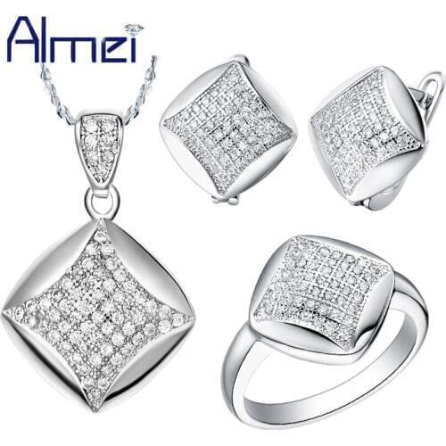 Almei Wedding Fashion Clear Lady Jewellery Silver Jewelry Setting Crystal Vintage Jewelry Sets for Woman/Mother'd Day Gift T006