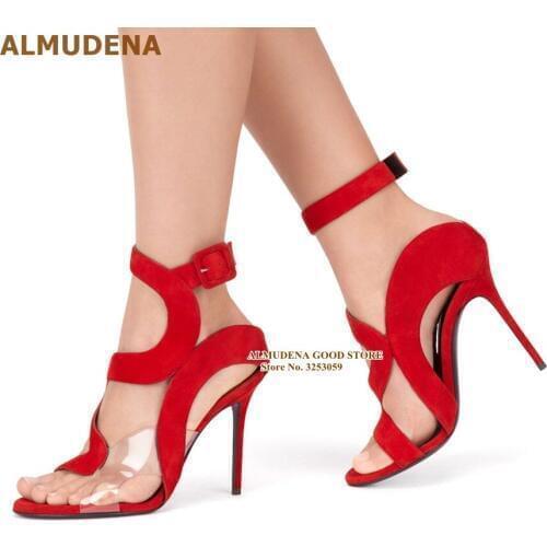 ALMUDENA Clear PVC Strappy Stiletto Heels Sandals Red Royal Blue Suede S-shaped Gladiator Pumps Square Buckle Strap Caged Shoes
