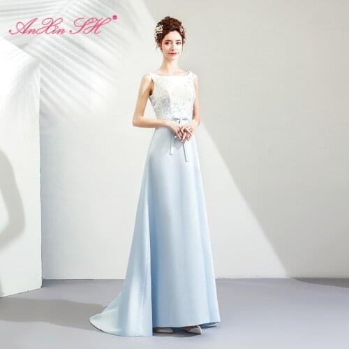 AXJFU blue flower satin evening dress sweet princess sleeveless bride blue party bow o neck beach simple evening dress 9266
