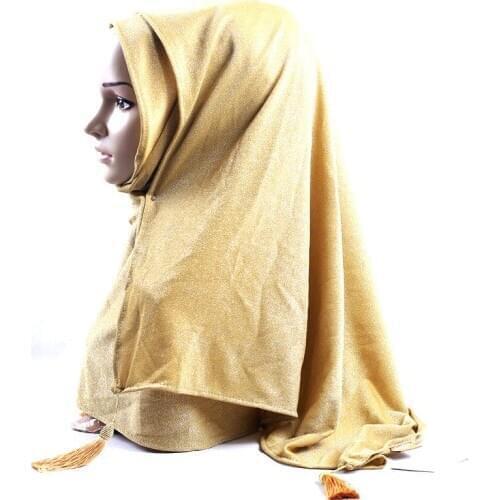 Shiny Knit Lurex Long Scarf Hijab With Pandent Tassel Muslim Head Wrap Shawl Glitter Arab Turban Headscarf Women Pashmina