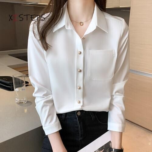 White Satin Blouses For Women 2021 Spring Ladies Office Work Wear Shirts Button Up OL Style Tops Femme Blusas Chiffon Clothes