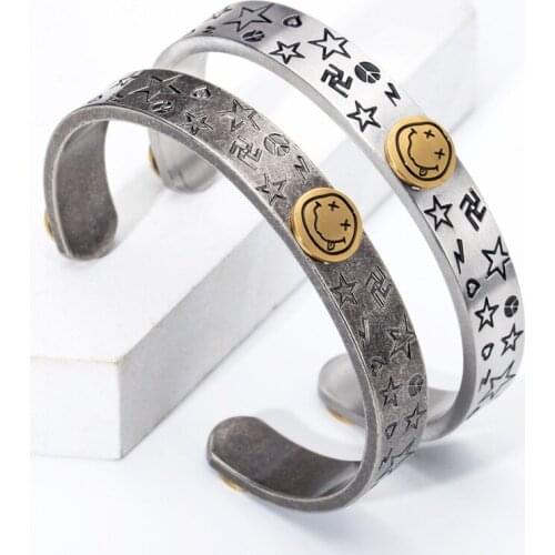 316L Titanium Steel Trendy Bracelet for Men Vintage Handmade Smiling Face Bangle Fine Jewelry Birthday Gifts