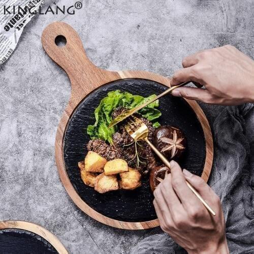 KINGLANG Acacia Wood Pizza Tray Western Sushi Steak Plate Restaurant Cake Display