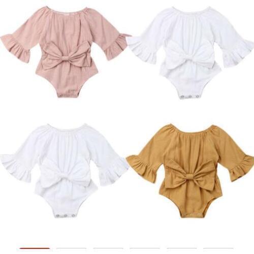 Summer Baby Bodysuits Newborn Infant Baby Girl Clothes Flare Sleeve Solid color Bodysuits Jumpsuit Outfit With Bowknow