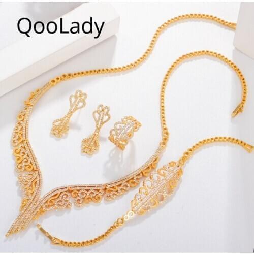 QooLady Exclusive Indian 585 Gold Design CZ Stone Luxury Wedding Party Necklace Earrings Ring Bracelet Bridal Jewelry Sets Z076