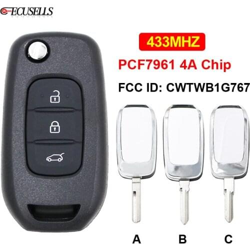 3 Button Flip Remote Car Key 433Mhz PCF7961 4A Chip FCC ID: CWTWB1G767 for Renault Kadjar Captur Symbol Megane 3 3 Kinds Blade