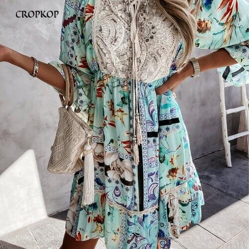 Summer Women Floral Lace Mini Dress Casual Loose Big Hem Boho Beach Dresses Fashion Green Ruffle Lace-up Party Sundress 2021