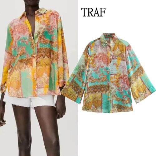 TRAF Za Summer Women Blouses 2021 Vintage Print Patchwork Long Sleeve Top Woman Lapel Chic Button Up Split Loose Female Shirts
