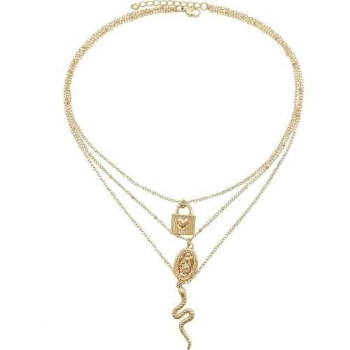 Fashion Hot Sale Punk Golden Crystal Snake Lock Heart Pendant Necklace Ladies Summer Party Jewelry Necklace