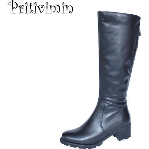 2018 New fashion girl heel plush lining long boots women winter botas mujer shoes Ladies cow leather botte femmes Pritivimin FN2