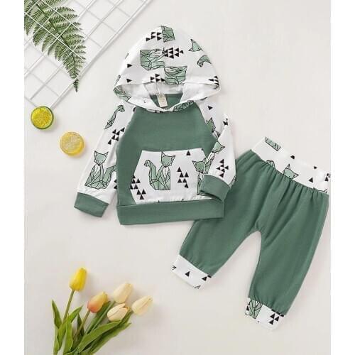Autumn Winter Long Sleeve Hooded Tops Fox print Boys Girl Clothing Cotton 2PCS Outfits Infant Kids Baby Boy Girl Clothes ST19106