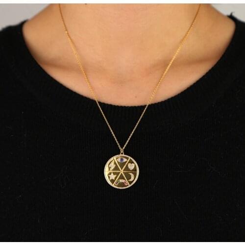 2019 new arrived rainbow cz disc engrave moon lightning eye heart Round charming necklace for lady trendy lucky necklace jewelry