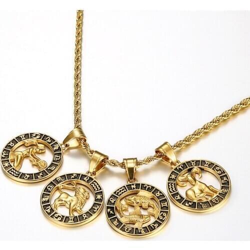 Leo Scorpio Zodiac Sign Pendant Necklace for Women/Men Gold Color Stainless Steel Womens Round 12 Constellation Necklaces