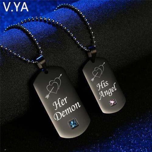 V.Ya Stainless Steel Couple Tag Heart Pendent Necklaces Fashion His Angel Her Demon Crytal Jewelry For Women Men Lover Drop Ship