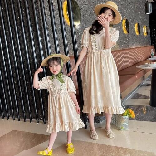 Mother and daughter dress family matching clothes embroidered puff sleeve fashion daughter mom summer cheongsam dress