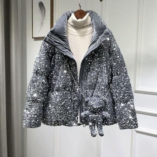 Winter Fashion Full Sequins women down jacket Sliver Black Warm Stand collar loose casual coat with Bear bag Down Parkas Female