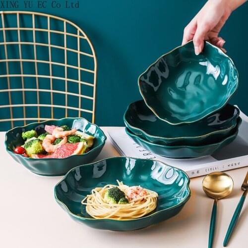Golden Side Salad Plate Light Luxury Dark Green Tableware Plate Nordic Ceramic Plate Creative Western Plate Restaurant Tableware